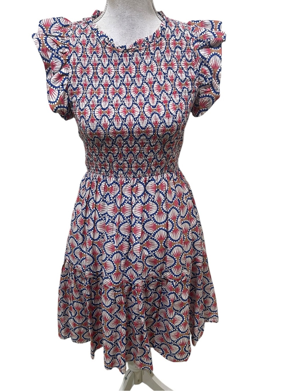 Caballero Smocked top Mini flutter sleeve Dress pink & Blue Floral silk medium